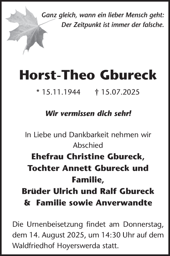 Traueranzeige von Horst-Theo Gbureck von WochenKurier