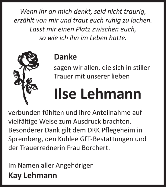 Traueranzeige von Ilse Lehmann von WochenKurier