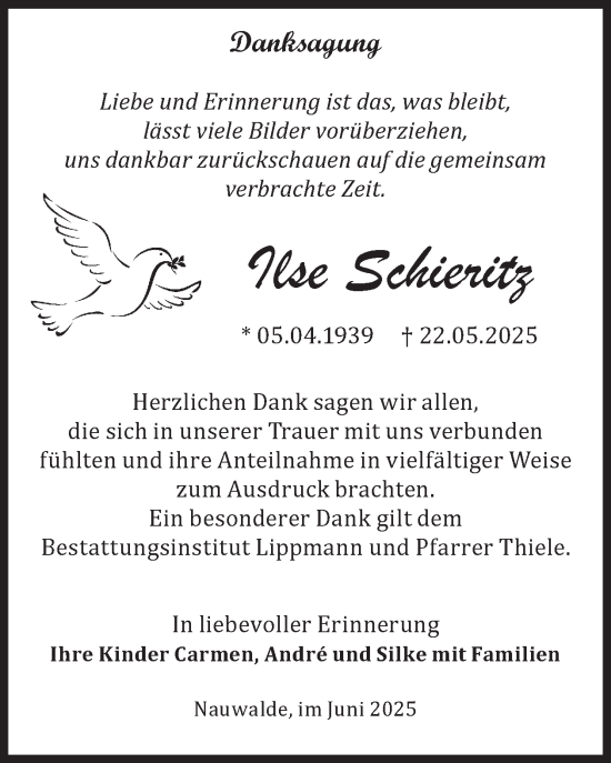 Traueranzeige von Ilse Schieritz von WochenKurier