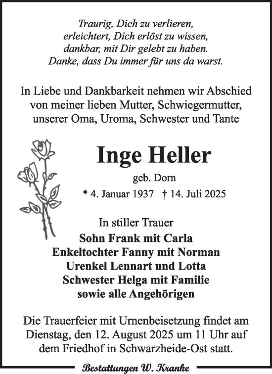 Traueranzeige von Inge Heller von WochenKurier