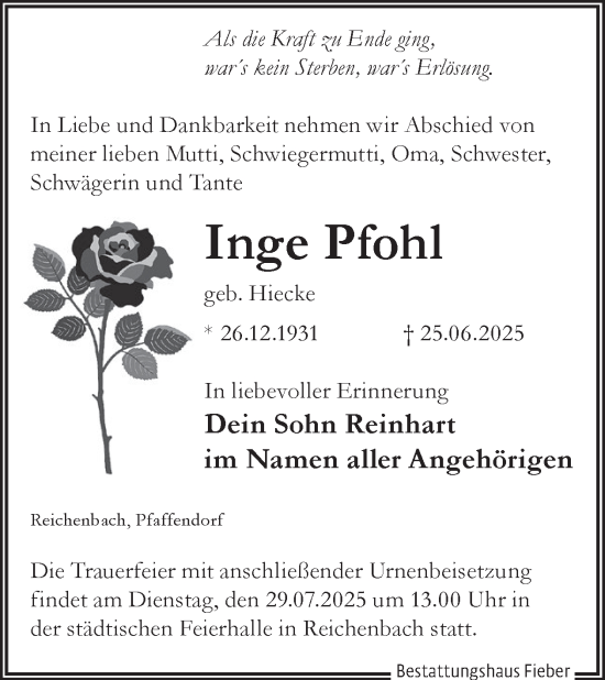 Traueranzeige von Inge Pfohl von WochenKurier