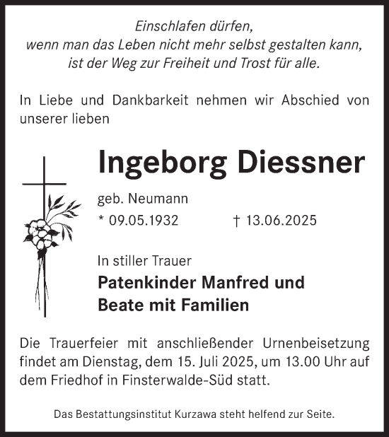 Traueranzeige von Ingeborg Diessner von WochenKurier
