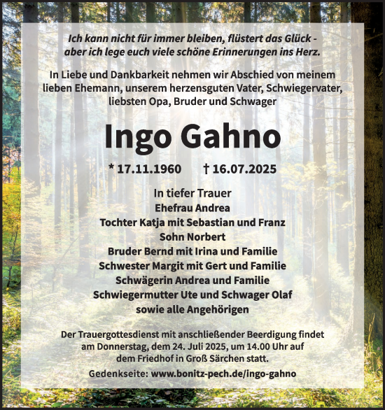 Traueranzeige von Ingo Gahno von WochenKurier