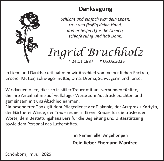 Traueranzeige von Ingrid Bruchholz von WochenKurier