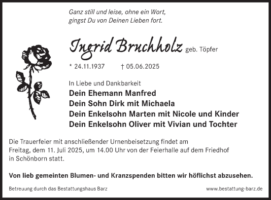 Traueranzeige von Ingrid Bruchholz von WochenKurier