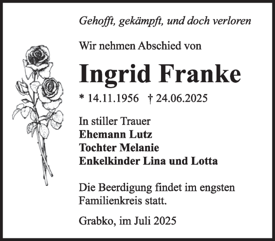 Traueranzeige von Ingrid Franke von WochenKurier