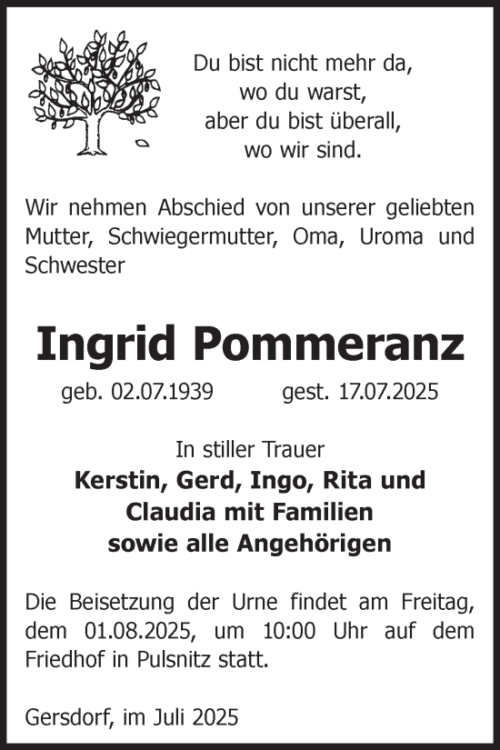 Traueranzeige von Ingrid Pommeranz von WochenKurier