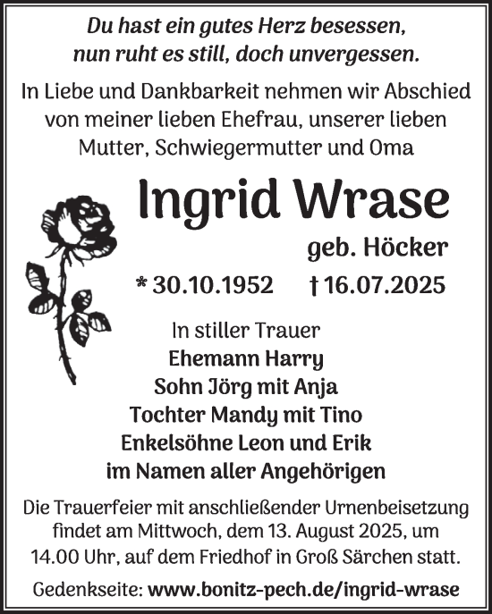 Traueranzeige von Ingrid Wrase von WochenKurier