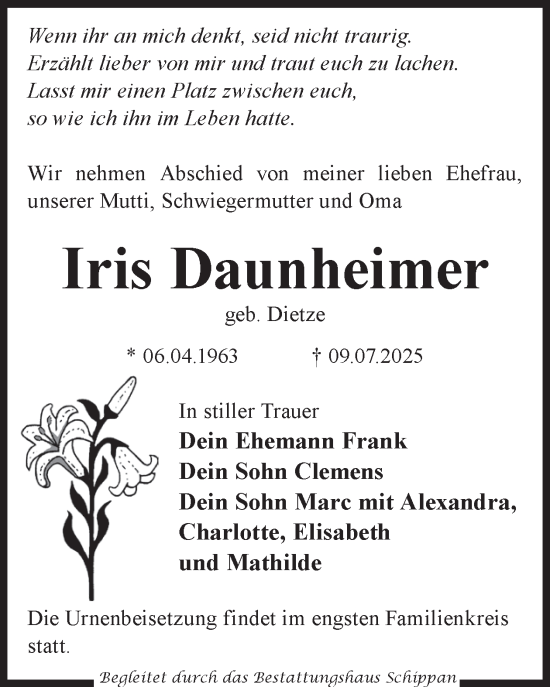 Traueranzeige von Iris Daunheimer von WochenKurier