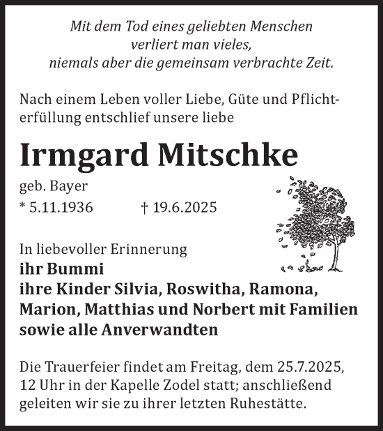 Traueranzeige von Irmgard Mitschke von WochenKurier