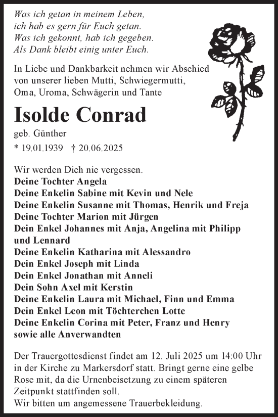 Traueranzeige von Isolde Conrad von WochenKurier