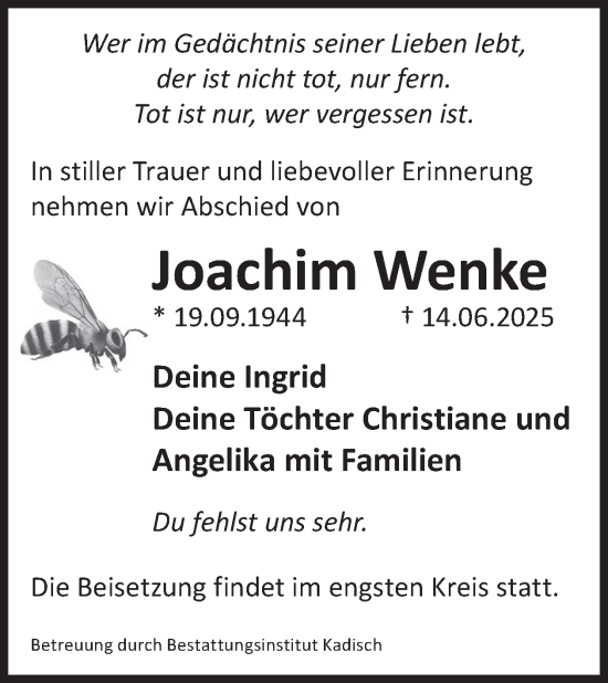 Traueranzeige von Joachim Wenke von WochenKurier