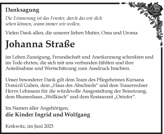 Traueranzeige von Johanna Straße von WochenKurier