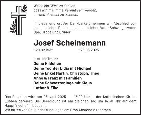 Traueranzeige von Josef Scheinemann von WochenKurier