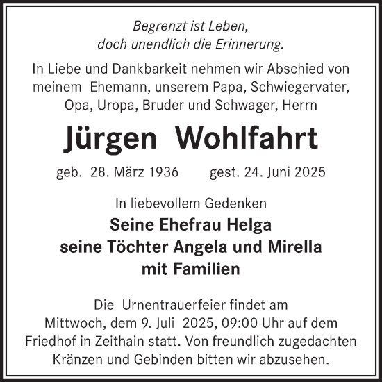 Traueranzeige von Jürgen Wohlfahrt von WochenKurier