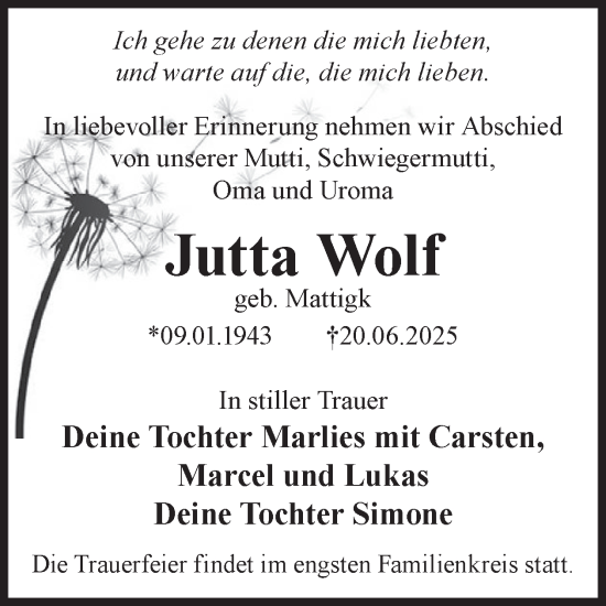 Traueranzeige von Jutta Wolf von WochenKurier