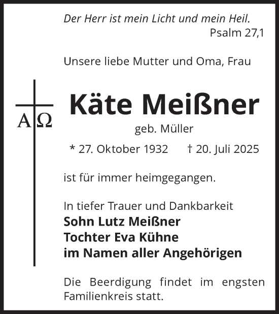 Traueranzeige von Käte Meißner von WochenKurier