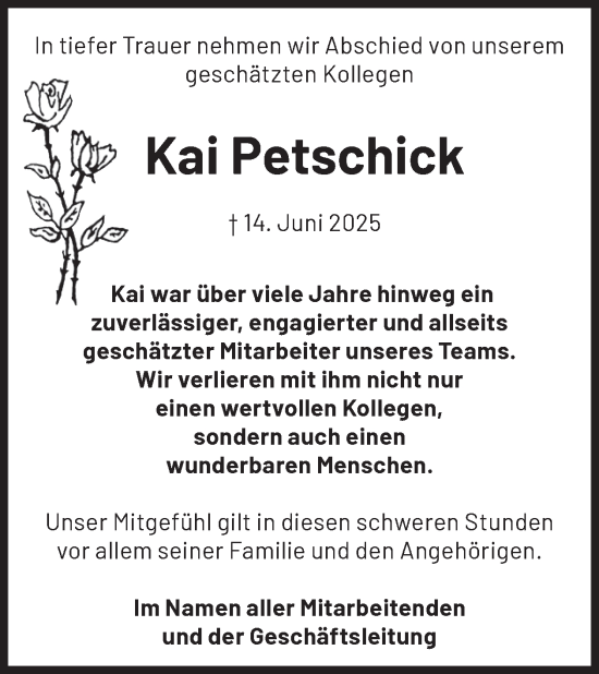 Traueranzeige von Kai Petschick von WochenKurier