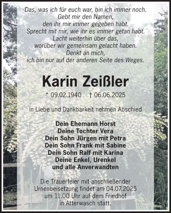 Traueranzeige von Karin Zeißler von WochenKurier