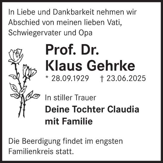 Traueranzeige von Klaus Gehrke von WochenKurier