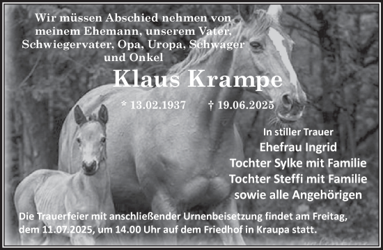 Traueranzeige von Klaus Krampe von WochenKurier