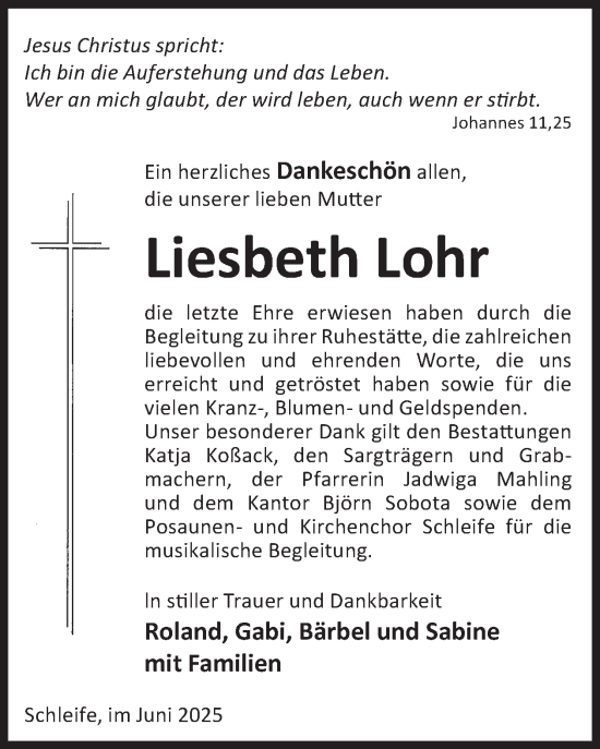 Traueranzeige von Liesbeth Lohr von WochenKurier