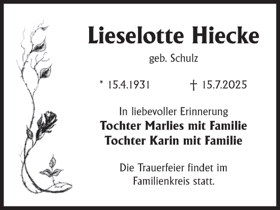 Traueranzeige von Lieselotte Hiecke von WochenKurier