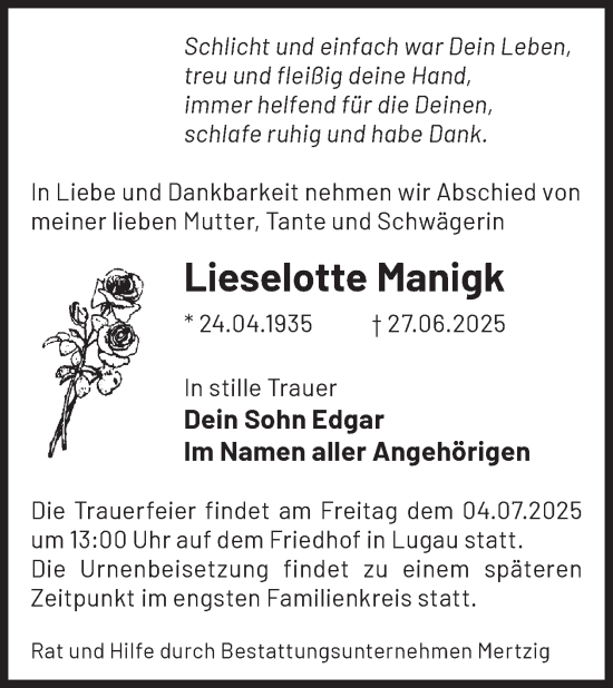 Traueranzeige von Lieselotte Manigk von WochenKurier