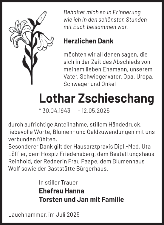 Traueranzeige von Lothar Zschieschang von WochenKurier