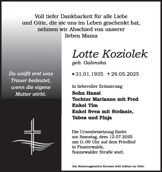 Traueranzeige von Lotte Koziolek von WochenKurier