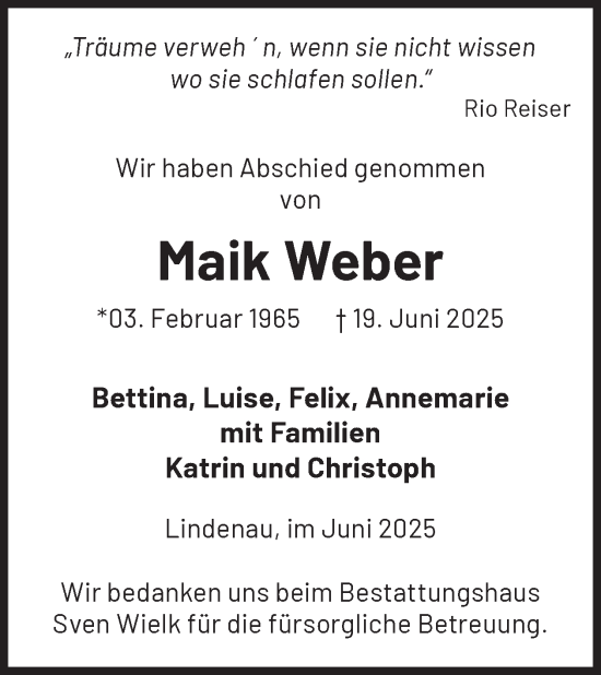Traueranzeige von Maik Weber von WochenKurier