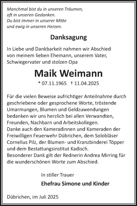Traueranzeige von Maik Weimann von WochenKurier