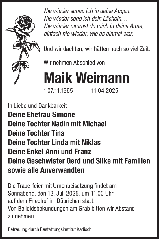 Traueranzeige von Maik Weimann von WochenKurier