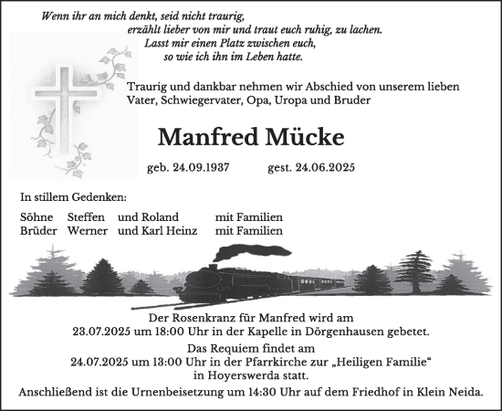 Traueranzeige von Manfred Mücke von WochenKurier
