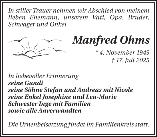 Traueranzeige von Manfred Ohms von WochenKurier
