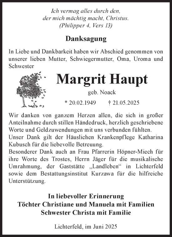 Traueranzeige von Margrit Haupt von WochenKurier