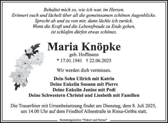 Traueranzeige von Maria Knöpke von WochenKurier