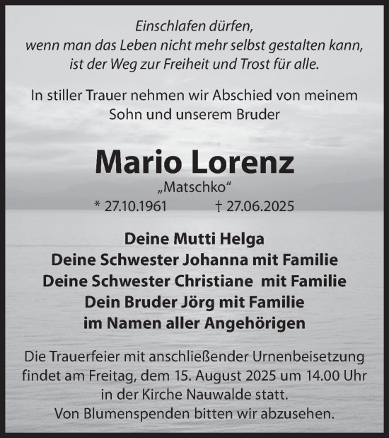 Traueranzeige von Mario Lorenz von WochenKurier
