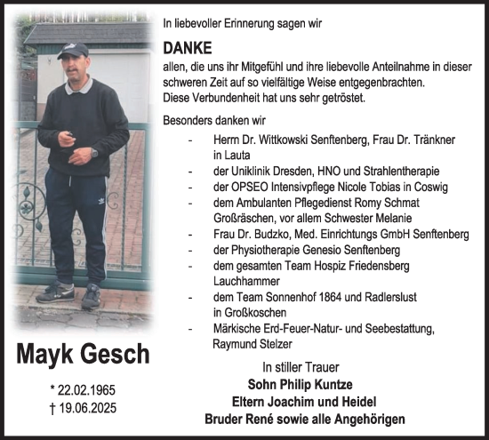 Traueranzeige von Mayk Gesch von WochenKurier