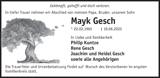 Traueranzeige von Mayk Gesch von WochenKurier