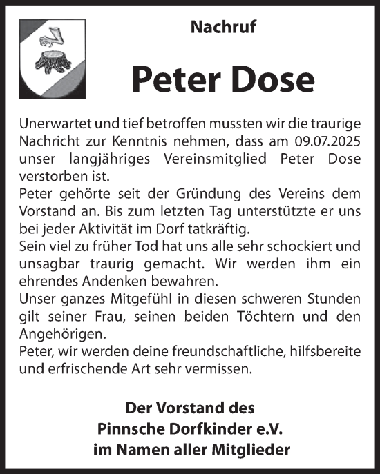Traueranzeige von Peter Dose von WochenKurier