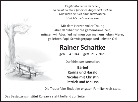 Traueranzeige von Rainer Schaltke von WochenKurier