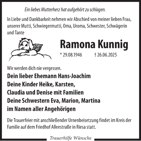 Traueranzeige von Ramona Kunnig von WochenKurier