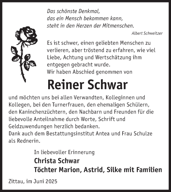 Traueranzeige von Reiner Schwar von WochenKurier