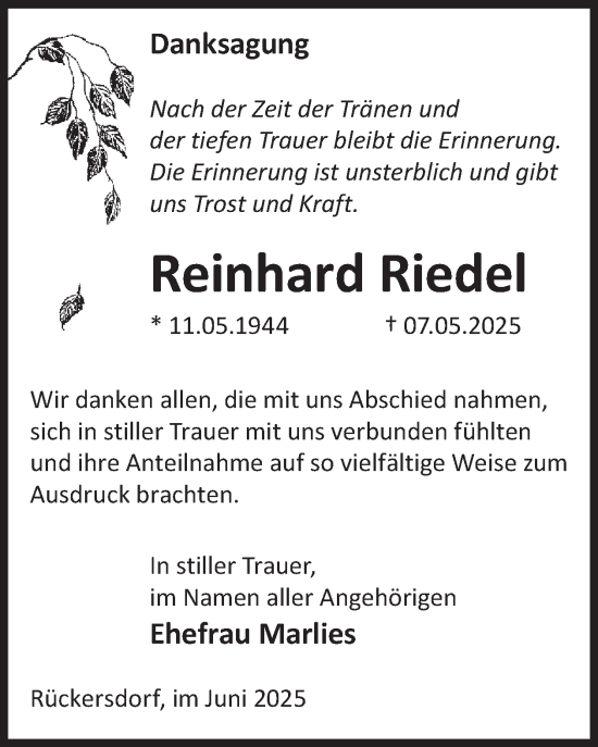 Traueranzeige von Reinhard Riedel von WochenKurier