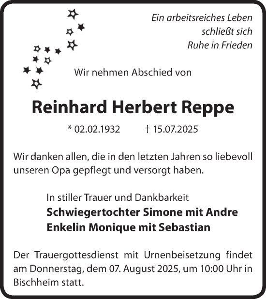 Traueranzeige von Reinhard Herbert Reppe von WochenKurier