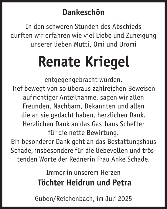 Traueranzeige von Renate Kriegel von WochenKurier