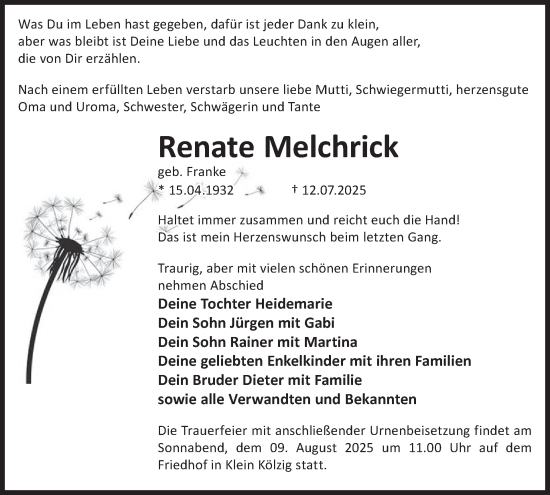 Traueranzeige von Renate Melchrick von WochenKurier