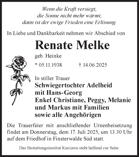 Traueranzeige von Renate Melke von WochenKurier