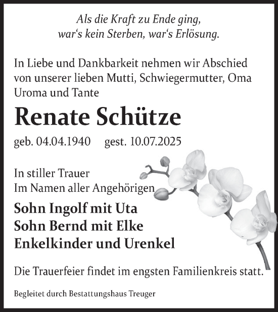 Traueranzeige von Renate Schütze von WochenKurier